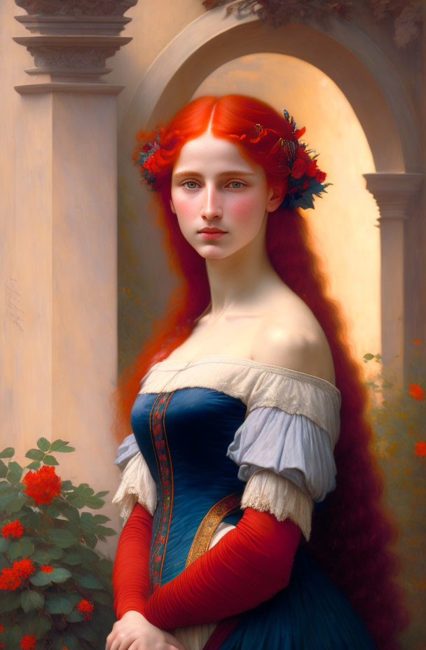 Portrait of woman with long red hair, blue eyes, in historical blue and red dress.