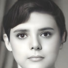 Young female with dark hair in partial updo, expressive eyes, neutral expression, on greyscale background