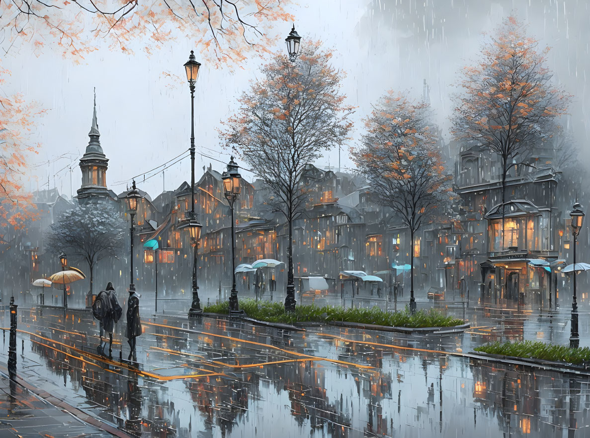 Pedestrians with umbrellas on rain-soaked city street in autumn