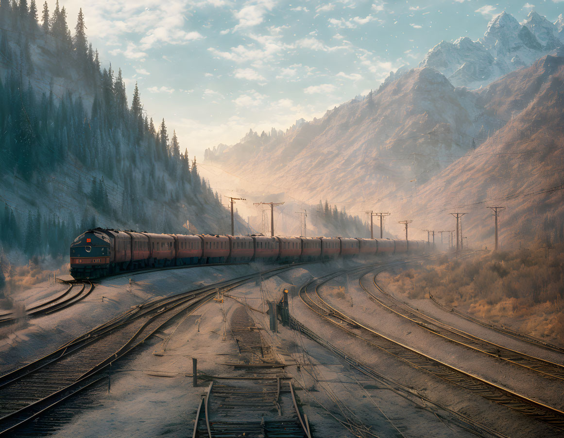 Snowy landscape: Train passing mountains & pine trees at sunrise