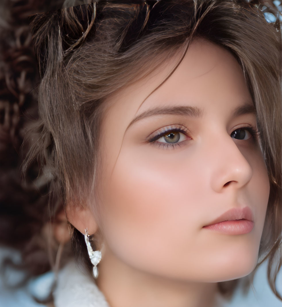 Portrait of Woman with Brown Curly Hair and Earring on Soft Blue Background