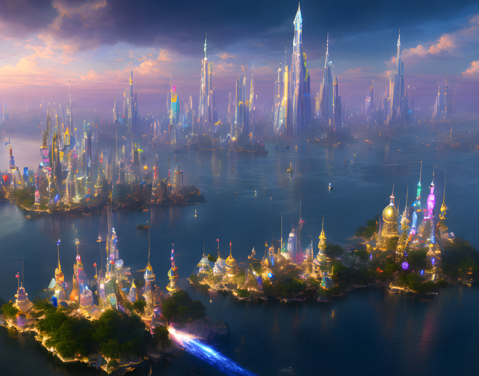 Futuristic cityscape with towering spires and lush islands interconnected by bridges at sunset