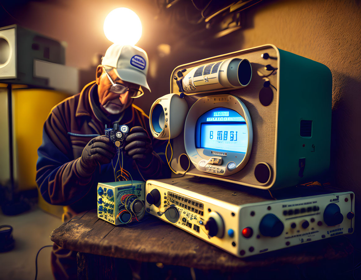 Electrician testing electronic equipment with oscilloscopes and measurement devices