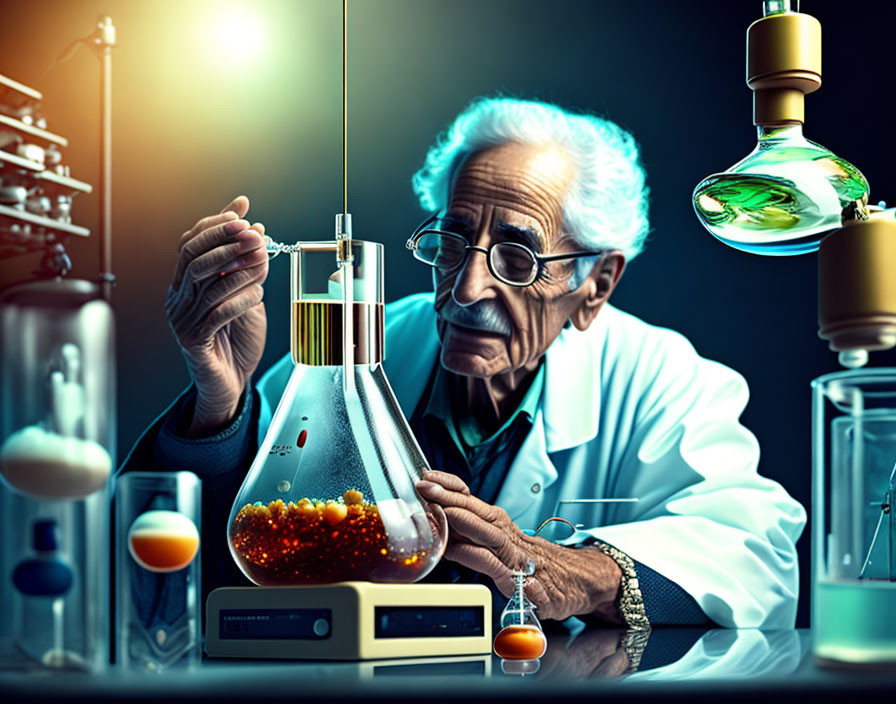 Elderly Scientist Conducting Chemical Reaction in Dark Lab