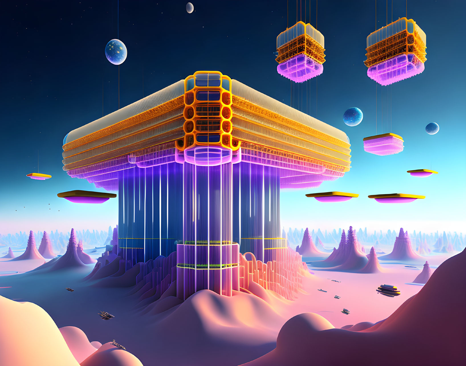 Floating city and glowing structures in futuristic landscape