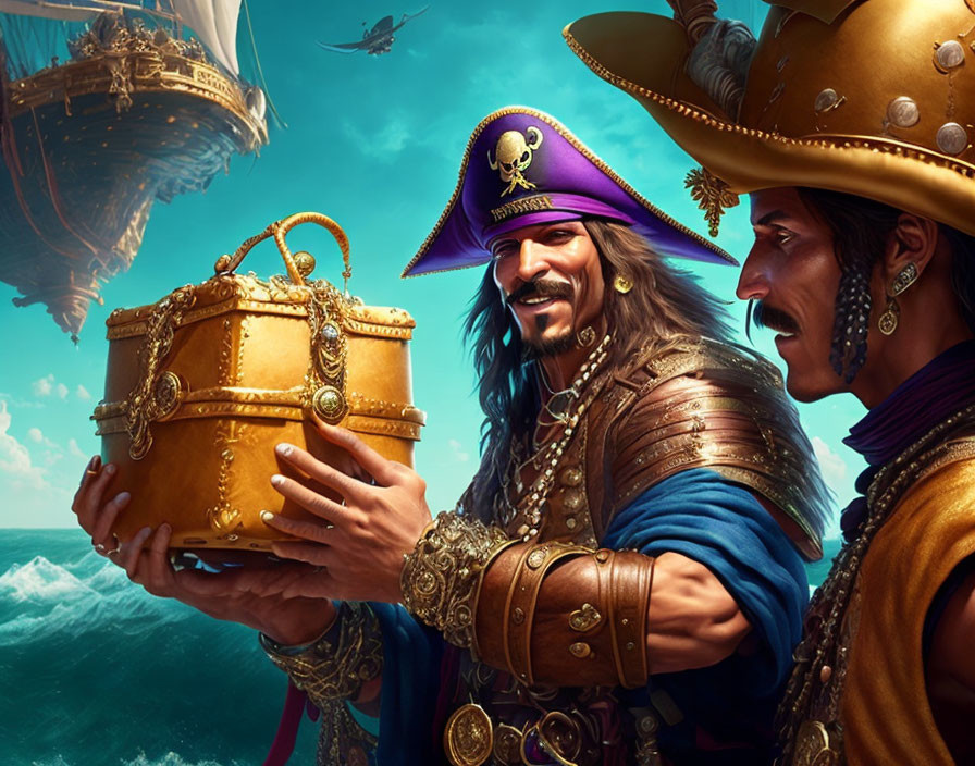 Animated pirates with flamboyant hats holding a golden treasure chest by the sea