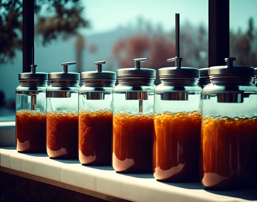 Glass condiment dispensers with metal pumps filled with brown sauce on counter by window