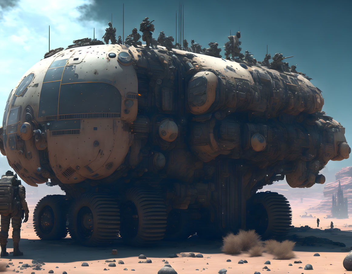 Futuristic spherical vehicle with legs and turrets in desert with armored figure