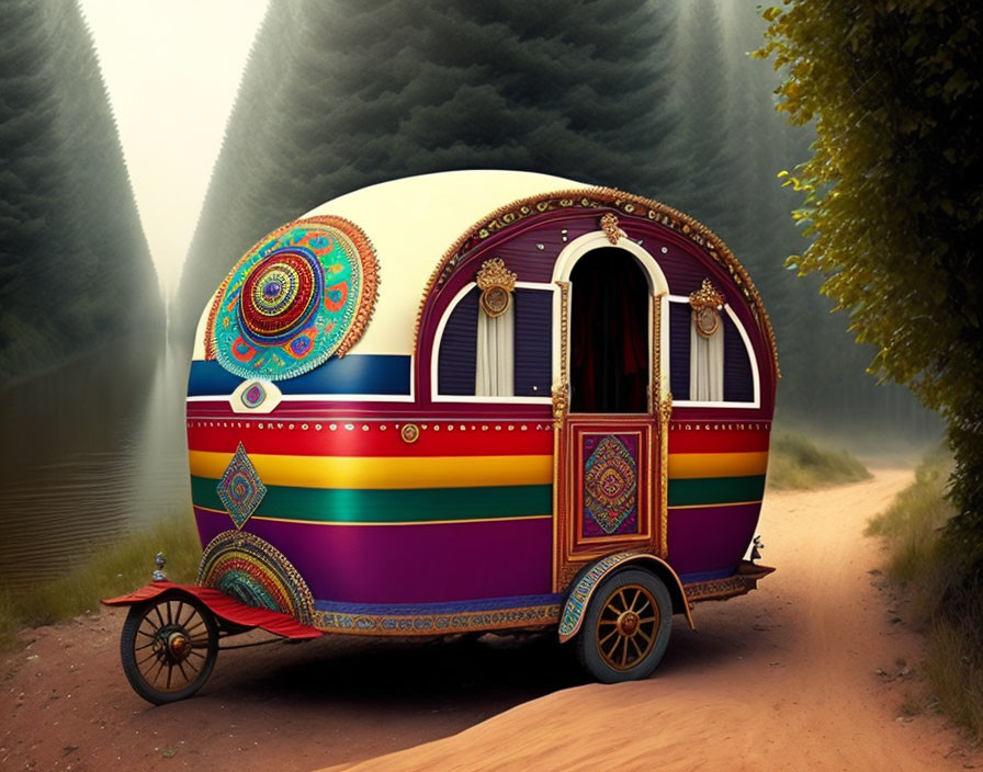 Vibrantly decorated caravan in traditional patterns on foggy forest road