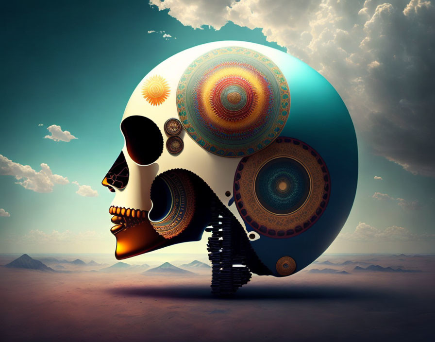 Colorful Mandala Design on Skull in Surreal Desert Landscape