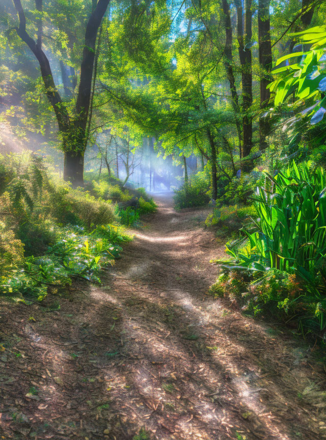 Sunlit forest path with dappled shadows and foliage among vibrant green trees.