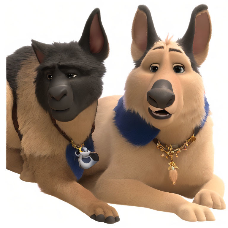 Animated dogs with expressive faces, one black, one tan, wearing matching pendants