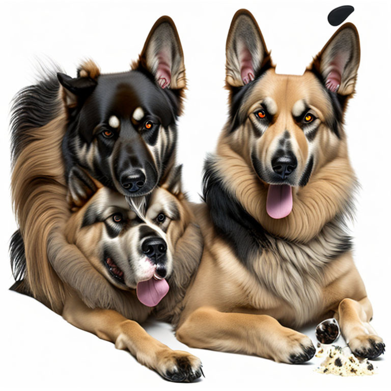 Illustration of Three German Shepherds with Varied Fur Shades and Expressions