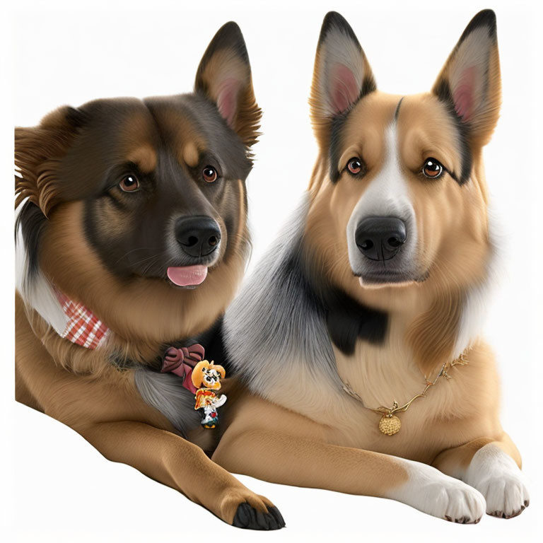 Realistic illustrated dogs with red bandanna and gold medallion posing together