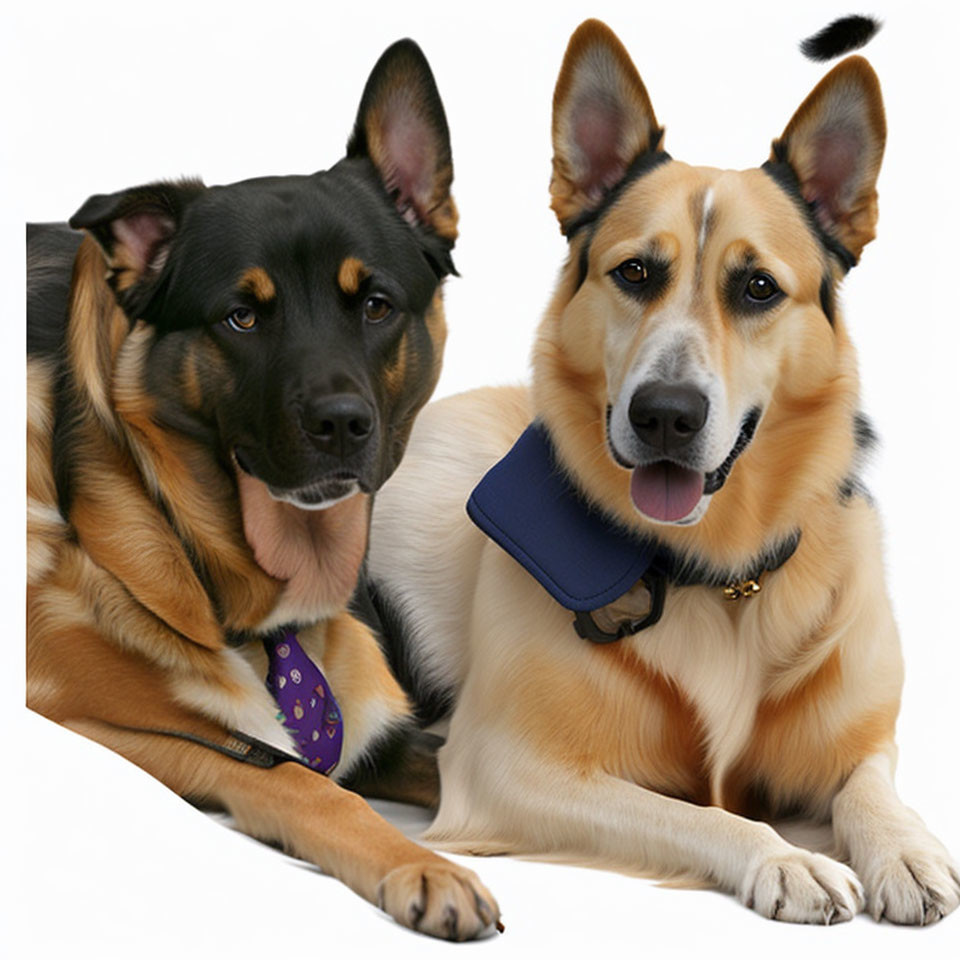 Two dogs with different colored coats and accessories posing for the camera