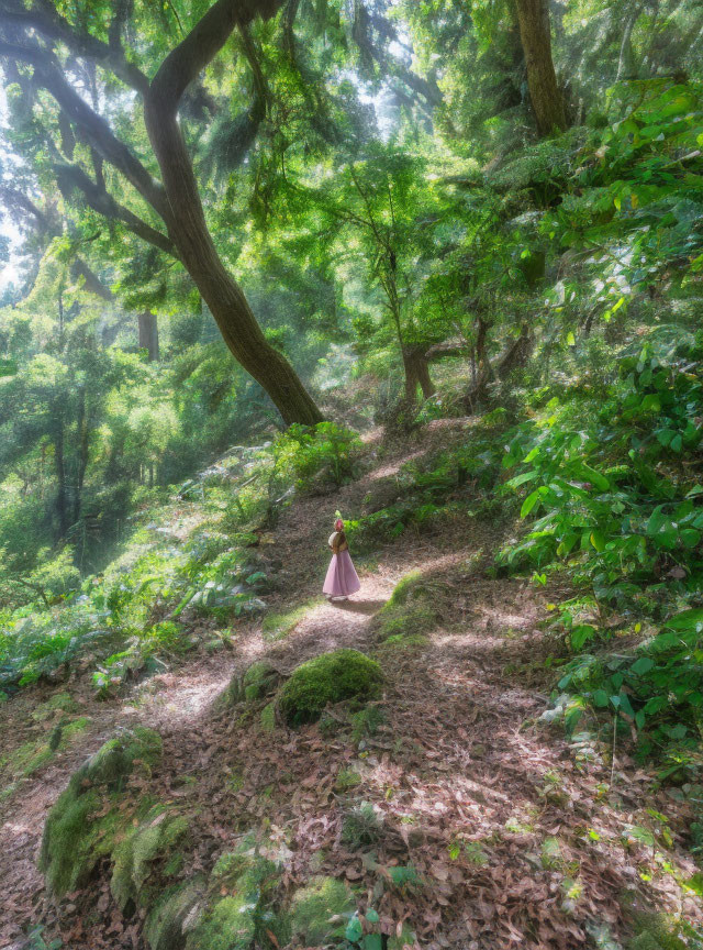 Person in pink dress on sunlit forest path with green trees and moss-covered ground