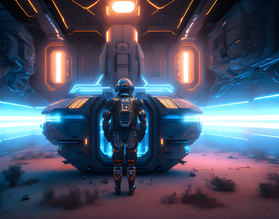 Futuristic spacesuit figure near glowing energy core in sci-fi setting