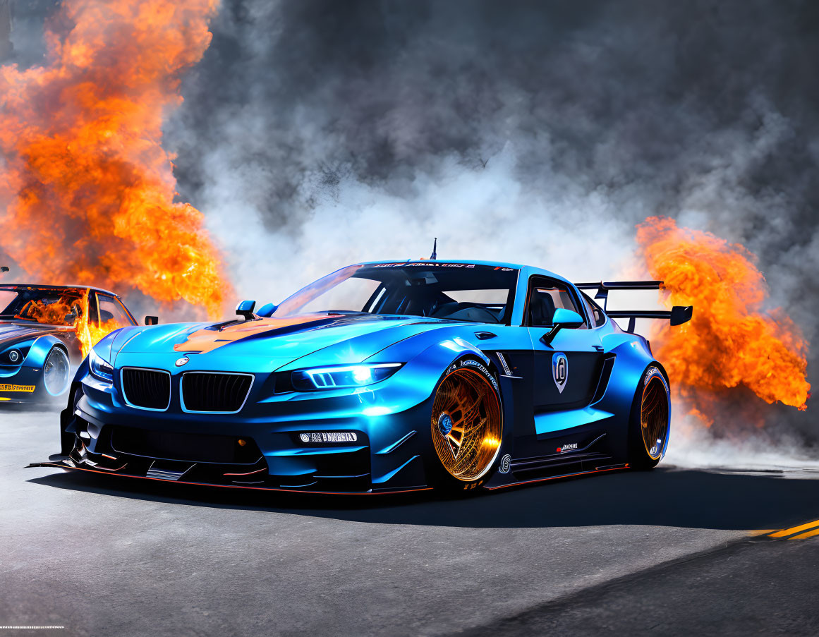 Custom Blue BMW Sports Car Racing on Track with Dramatic Flames