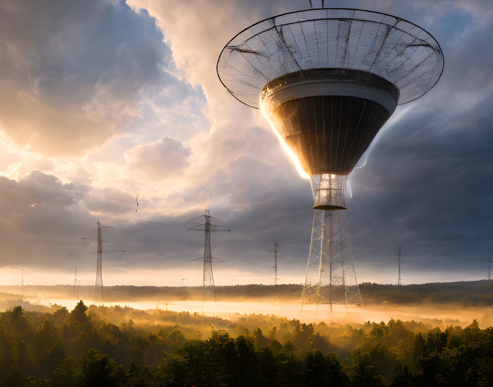 Misty forest landscape with observatory dish and electrical pylons