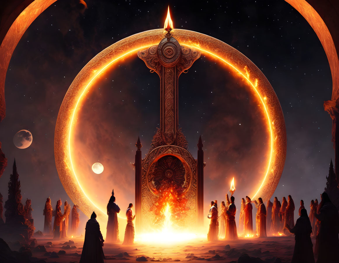 Robed Figures around Fiery Portal under Starry Sky