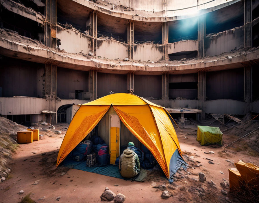 Abandoned circular building with vibrant orange tent and sunlight.