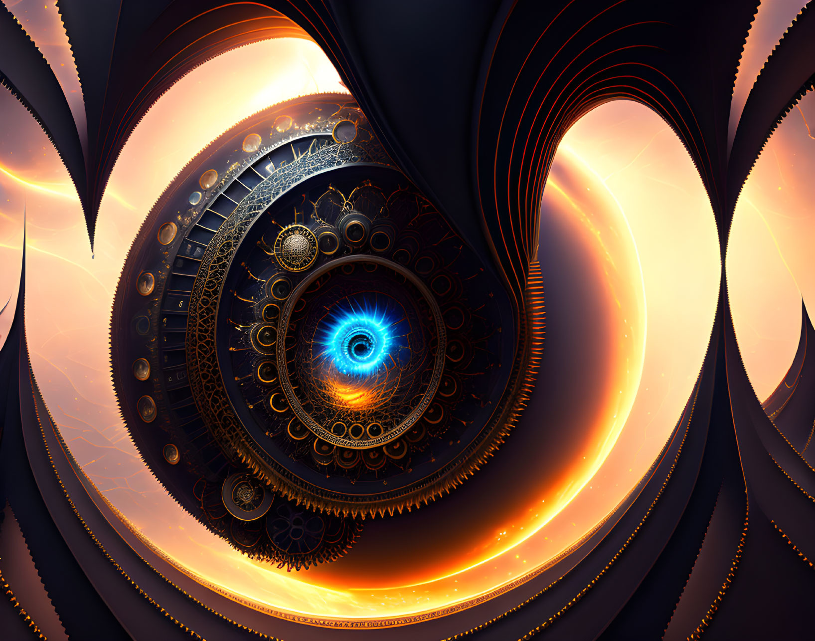 Fractal Mechanical Eye in Orange, Black, and Gold