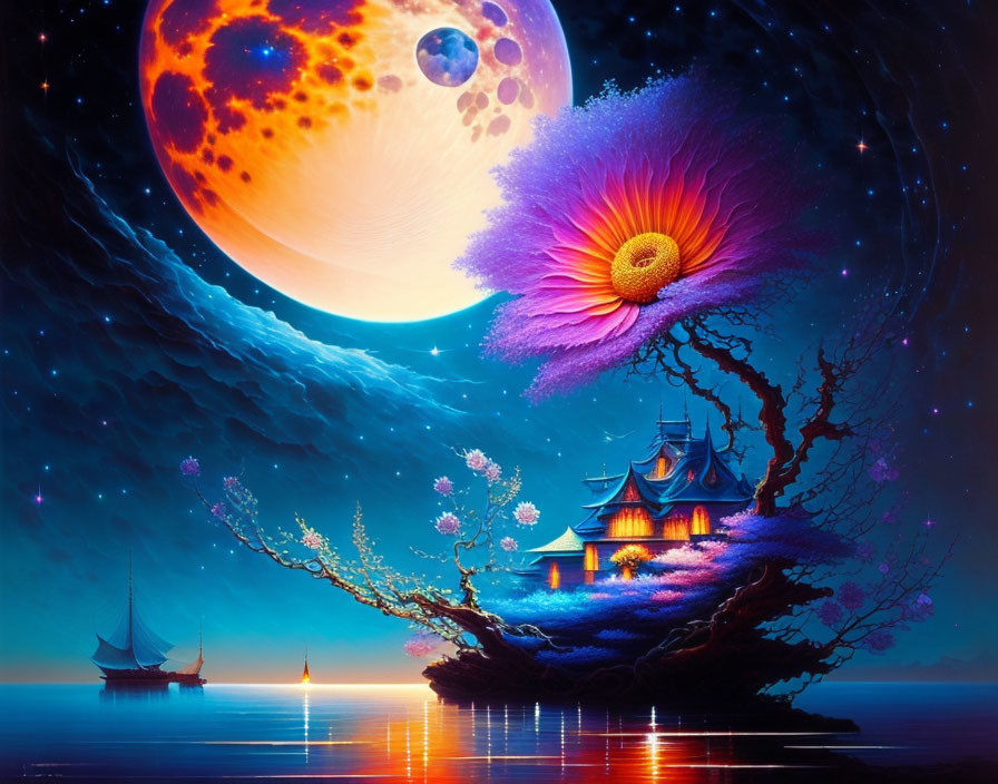 Fantasy landscape with pagoda, cherry blossoms, ships, and celestial bodies