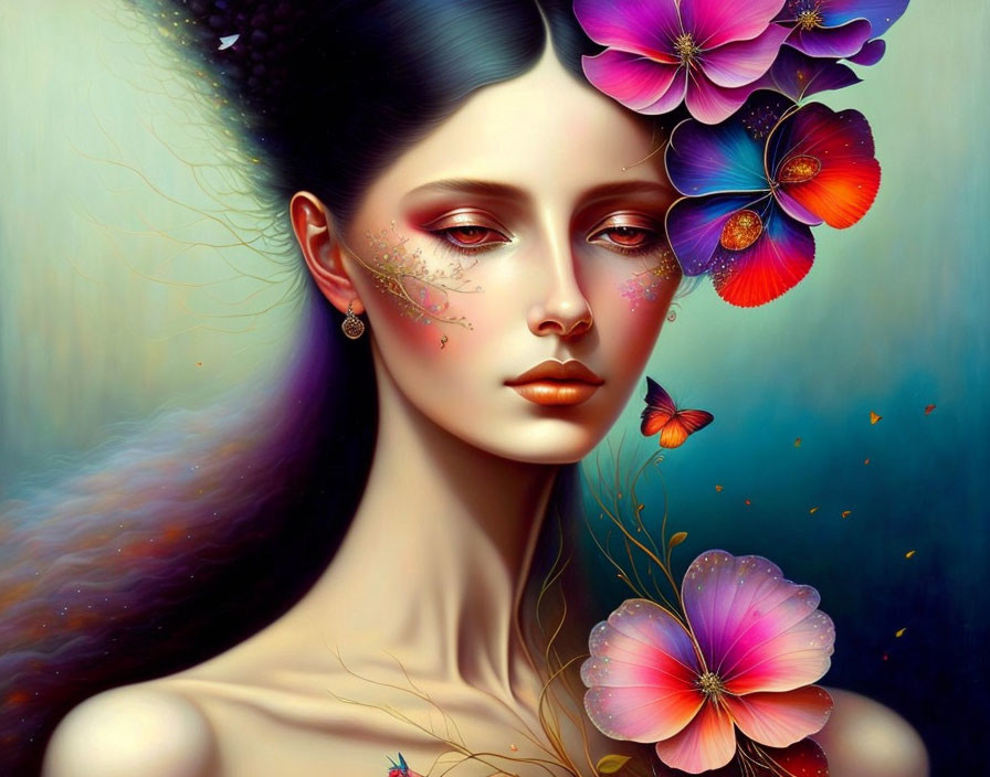 Vibrant flowers and butterflies adorn surreal woman with pearlescent skin