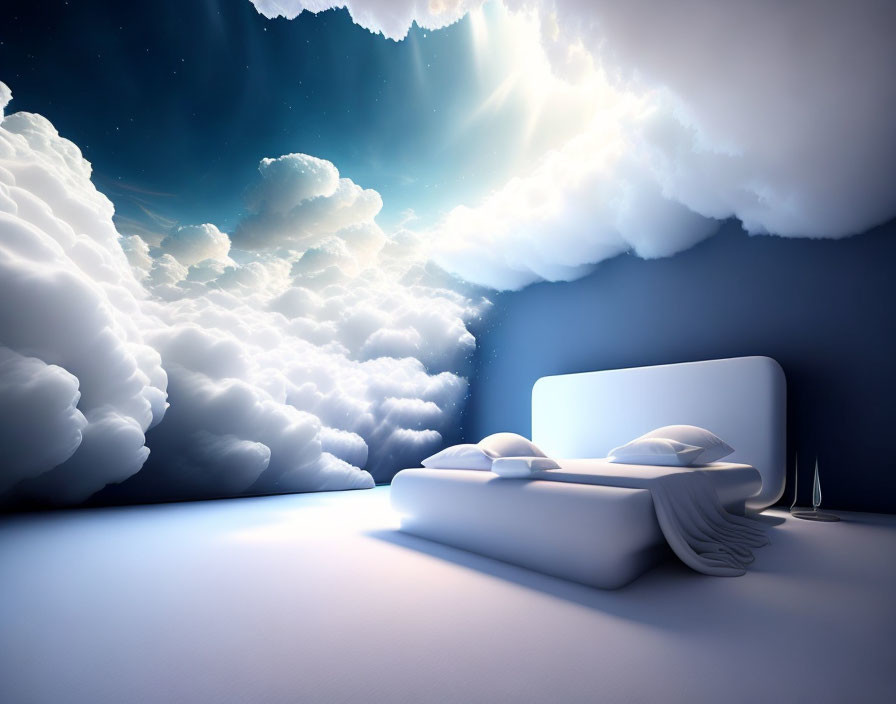 Surreal bedroom with cloud-surrounded bed under dreamy blue sky