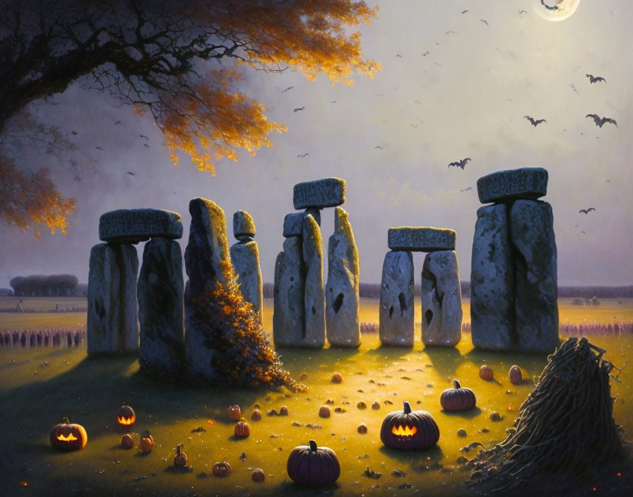 Fantasy Stonehenge scene with pumpkins, tree, bats, and moonlit sky