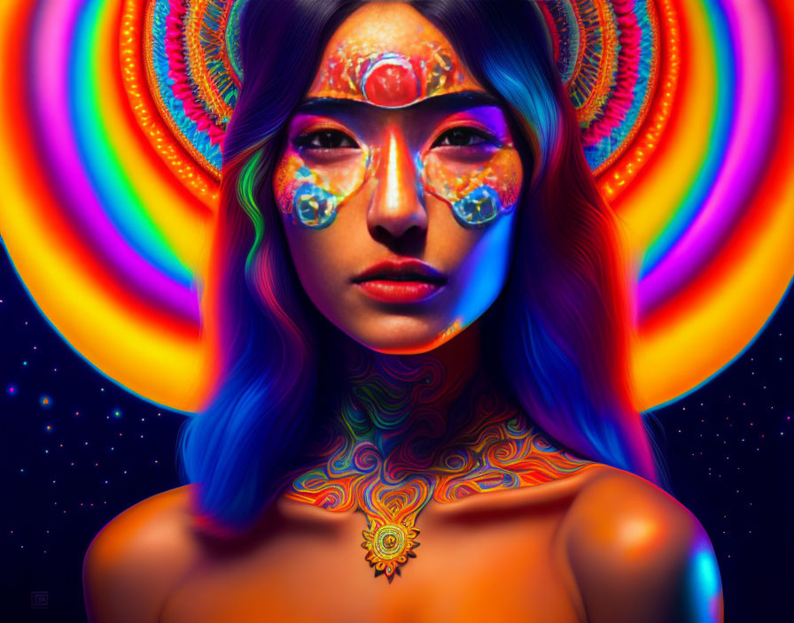 Colorful Woman with Vibrant Face Paint and Psychedelic Background