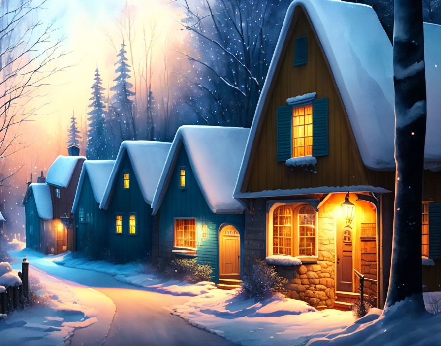 Snow-covered cottages in tranquil winter evening