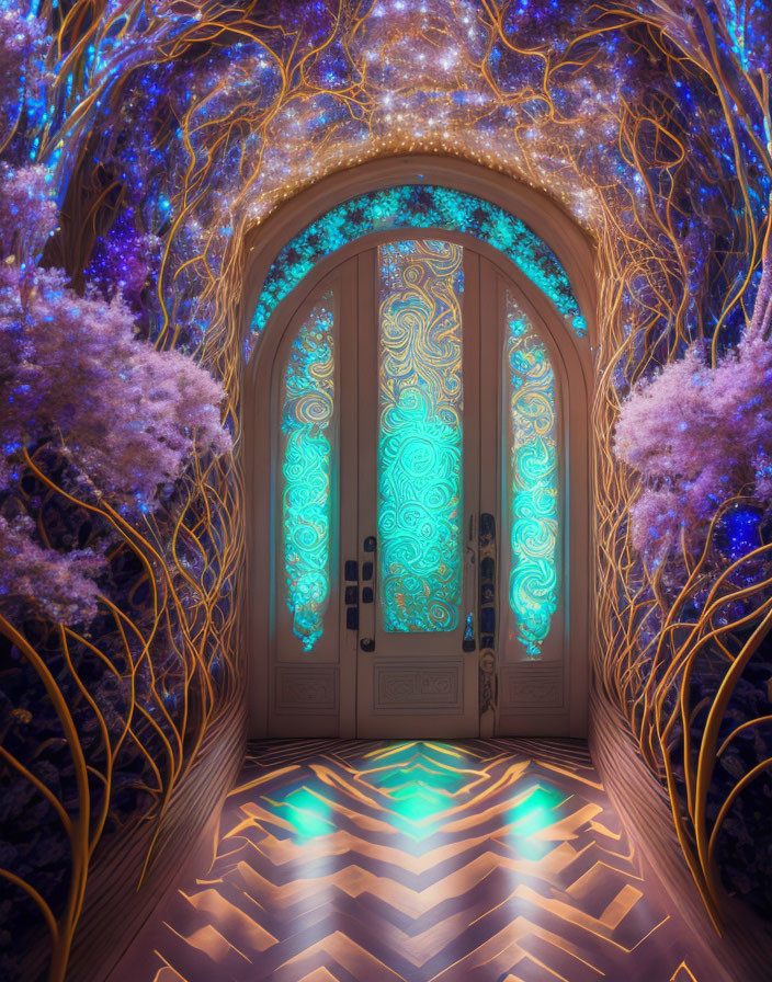 Luminous tree branches frame ornate door with glowing leaves.