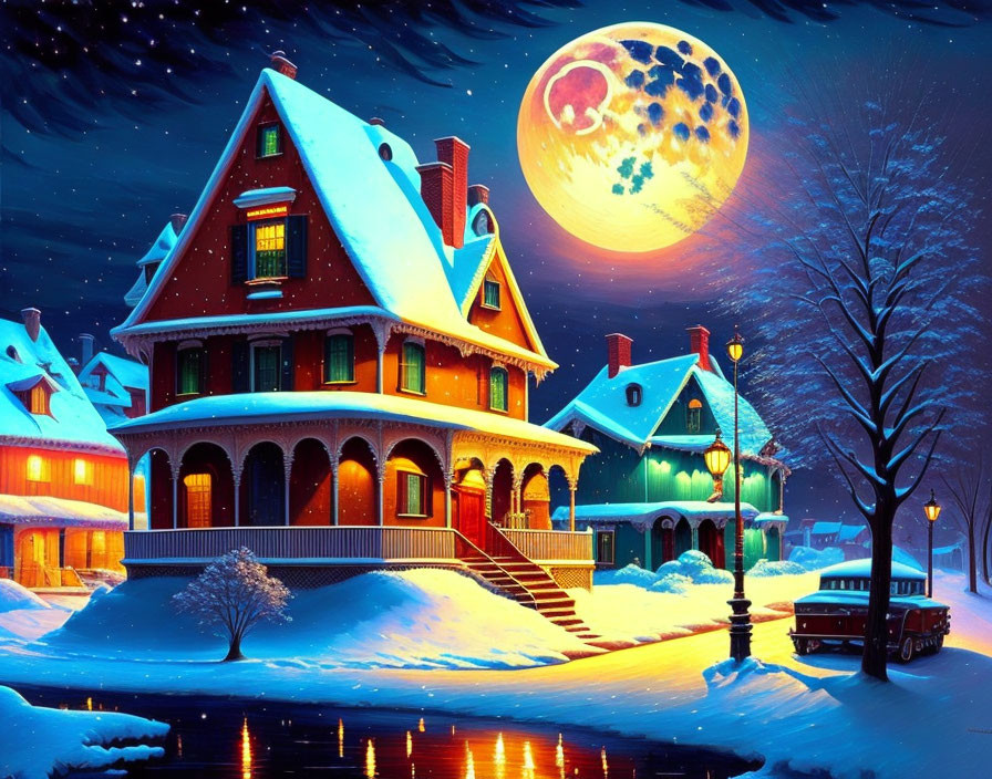 Snow-covered Victorian house, full moon, streetlamps, classic car in winter scene