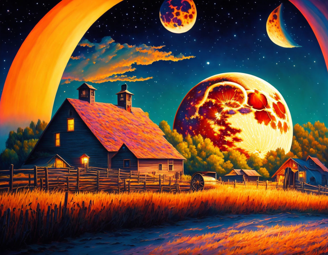 Surreal night sky with oversized planets over rustic farmhouse