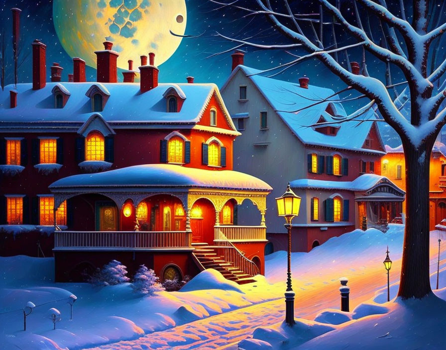 Snowy Night Scene: Houses, Streetlamps, Trees, Full Moon