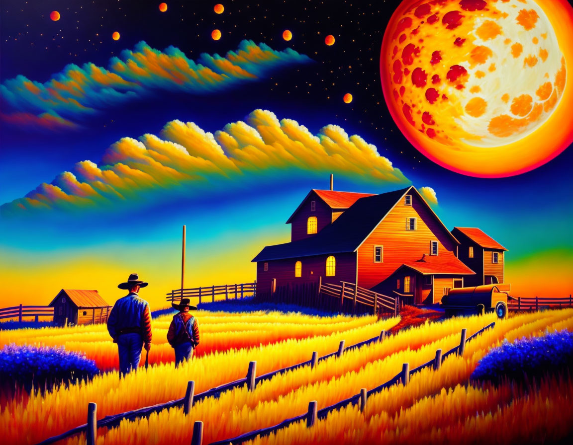 Vibrant painting of two figures near farmhouse under starry sky