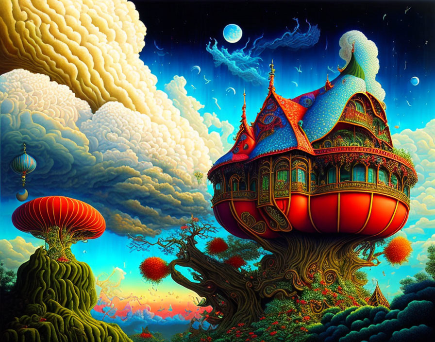 Whimsical floating house artwork with intricate patterns above colorful landscape