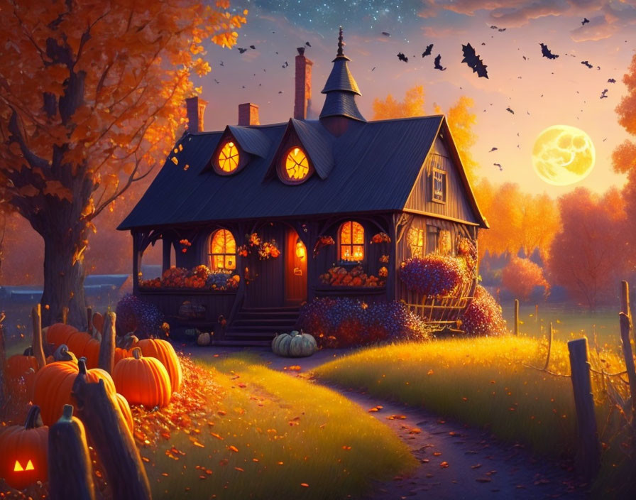 Autumn Cottage with Pumpkins Under Full Moon