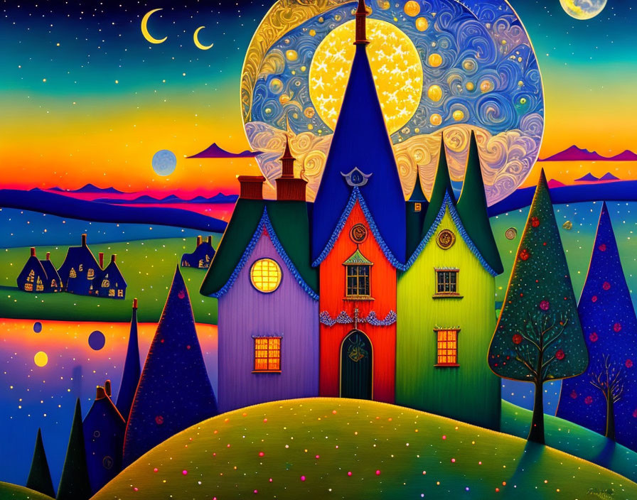 Colorful artwork of vibrant houses on hilly landscape with starry skies