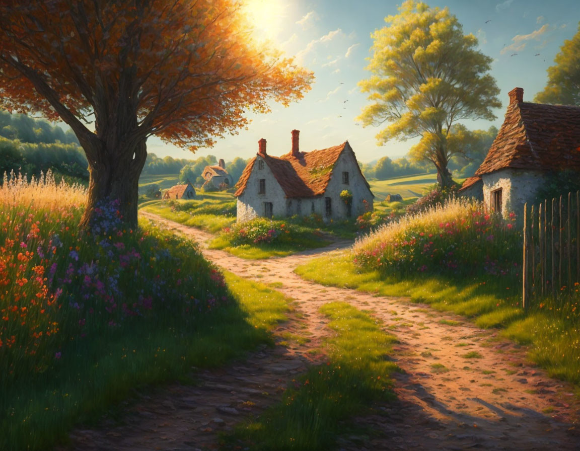 Tranquil rural landscape with cottage, sunlit path, wildflowers, and lush tree