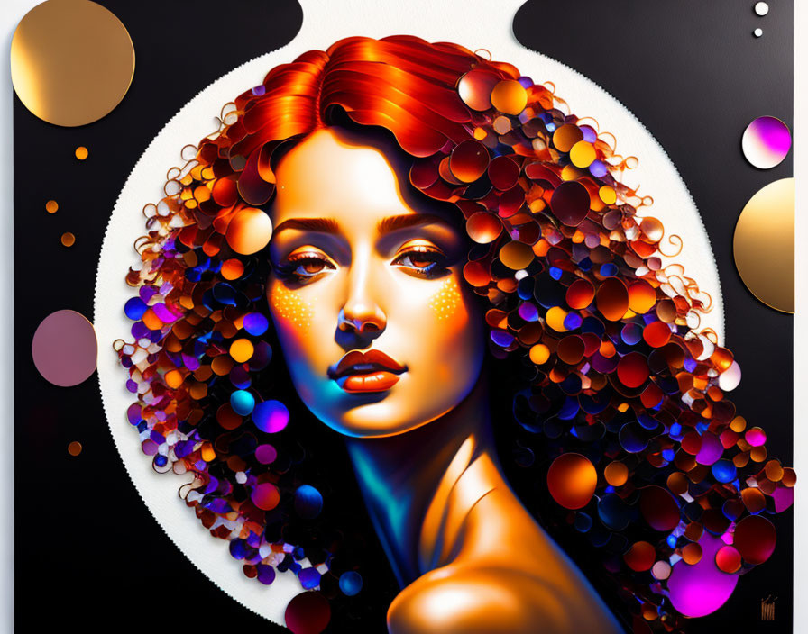 Colorful digital painting: Woman with red hair and bubbles on dark background