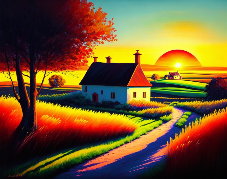 Colorful countryside sunset painting with winding road and quaint house.