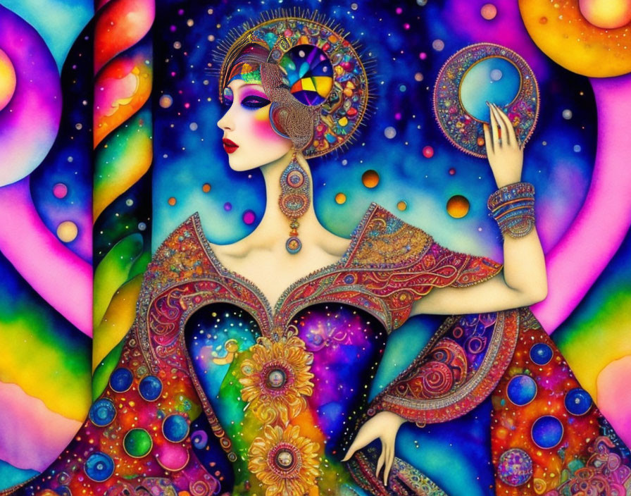 Colorful illustration of a cosmic-themed woman with celestial attire.