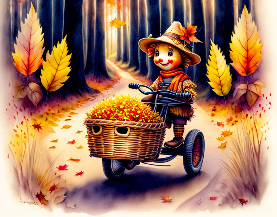 Smiling scarecrow on tricycle in autumn forest with golden leaves and pumpkins