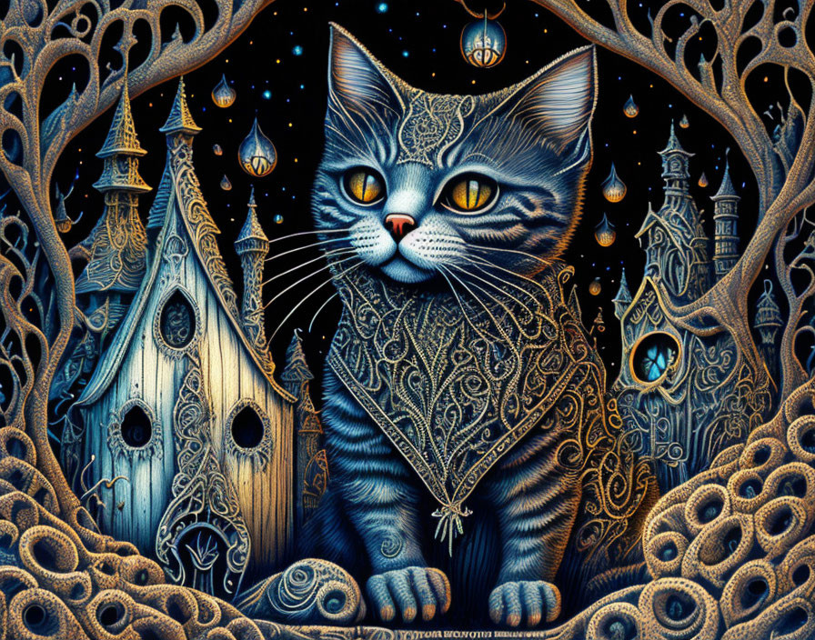 Intricate black and grey cat illustration with mystical backdrop