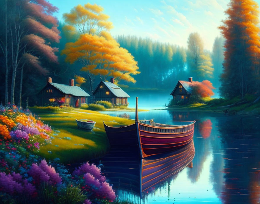 Vibrant autumn landscape with lake, boat, and colorful houses