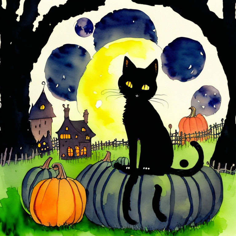 Black Cat on Large Pumpkin Halloween Watercolor Illustration