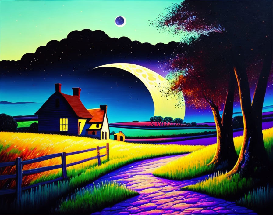 Colorful countryside night scene with oversized crescent moon and cozy cottage.