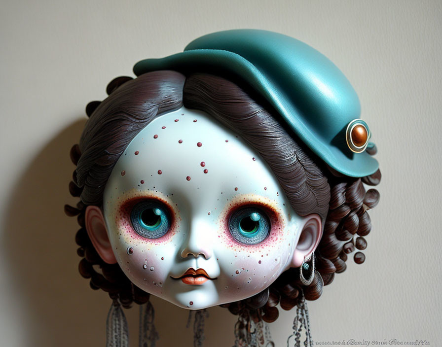 Stylized doll with large eyes and teal headwear on neutral background